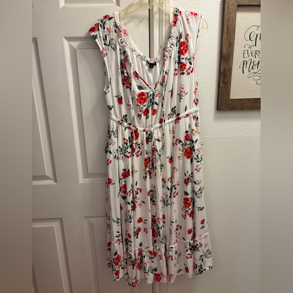 Torrid White Midi Dress with Red and Green Floral Pattern
